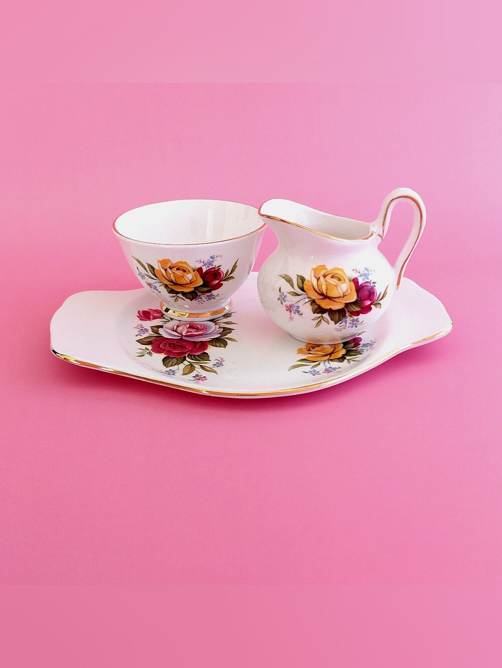 VTG Royal Sutherland Creamer Sugar Bowl Tray Set Bone China Roses Staffordshire